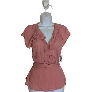Old Navy Coral Pink ruffle-neck wrap blouse with belt size S (NWT)